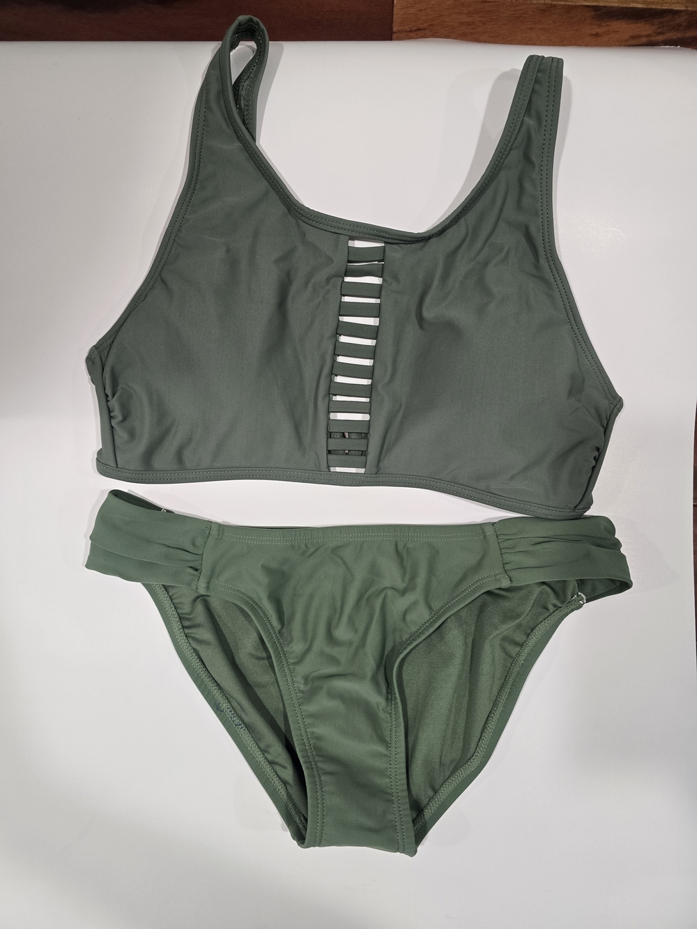 Scoop-Neck Ladder Front Bikini Set in Olive Green